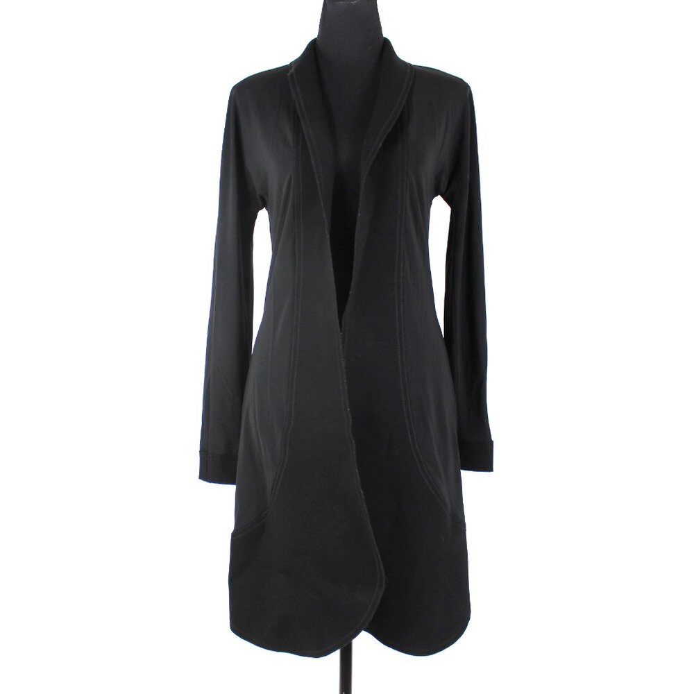 Marie Saint Pierre Black Shawl Collar Open Front Draping Cardigan Topper 1 Coat